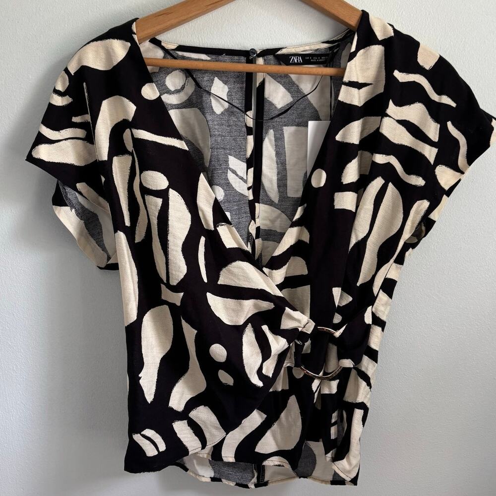 NWT Zara Abstract Top V-Neck Wrap Blouse Small Post Modern Bohemian 80s Chic